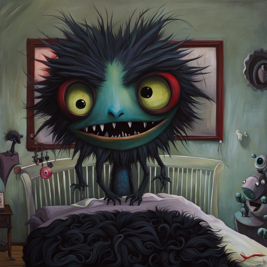 Whimsical Monster in Bedroom, Dark Fantasy Art