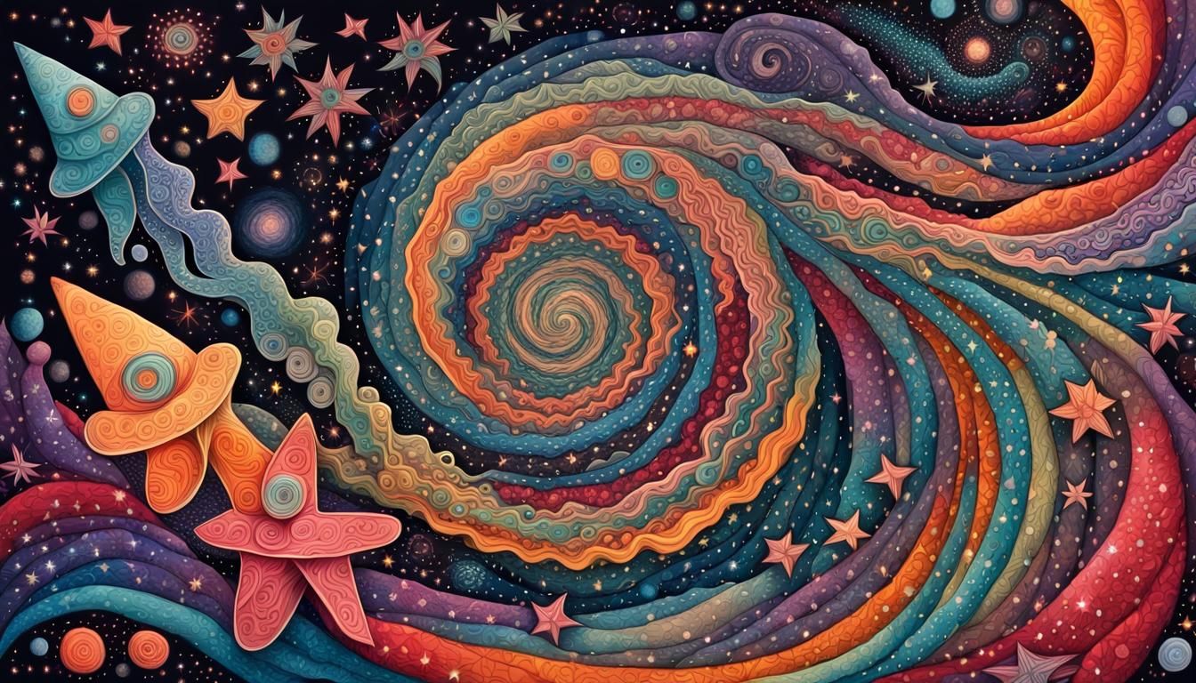 Whimsical Cosmic Tornado in Folk Art Style
