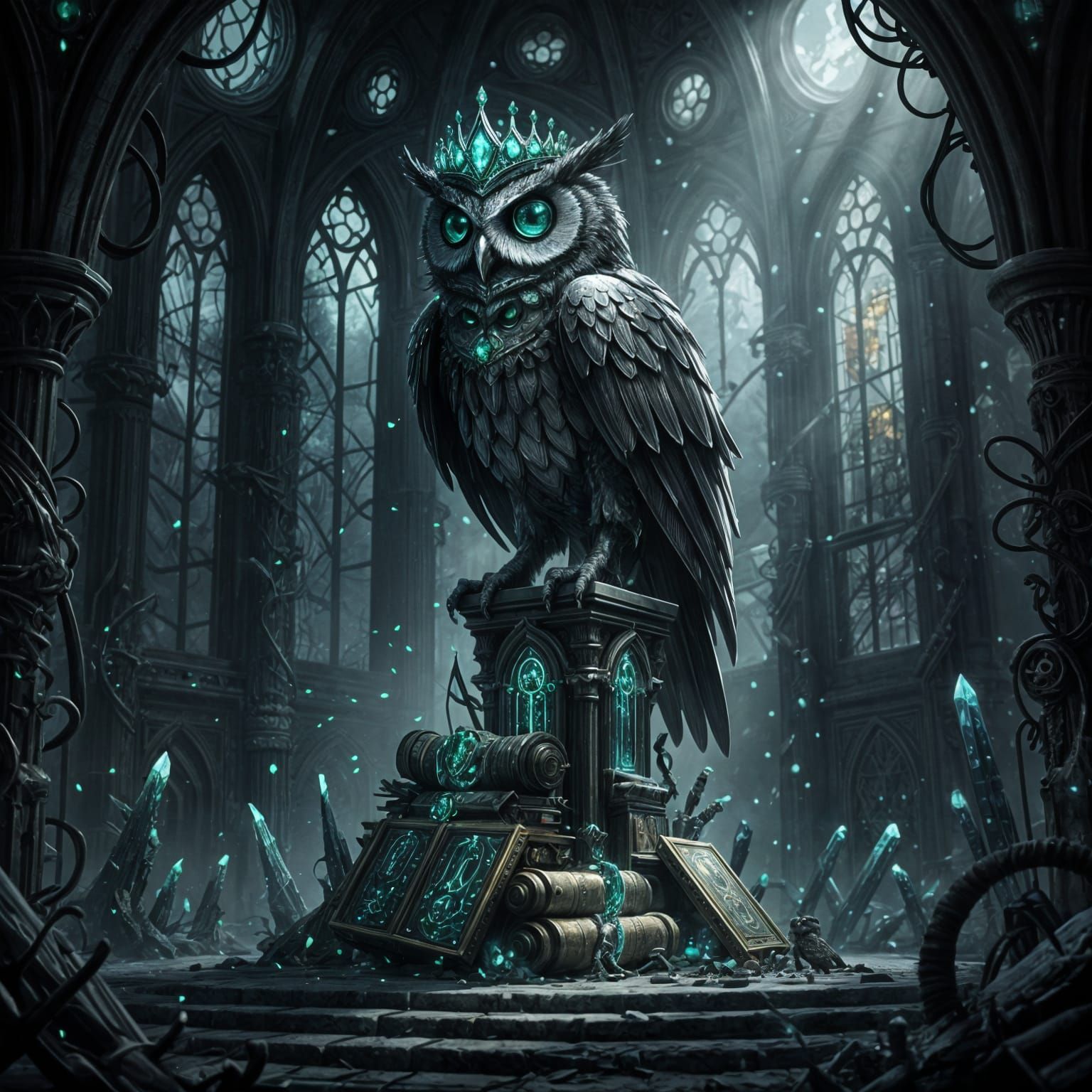 Robotic Owl with Emerald Tiara in Techno-Temple