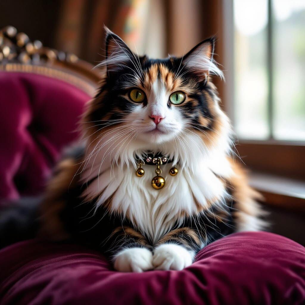 Fluffy Calico Cat Moo on Velvet Cushion