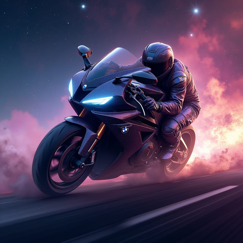 BMW S1000RR Superbike in a Futuristic, Star-Studded Galaxy