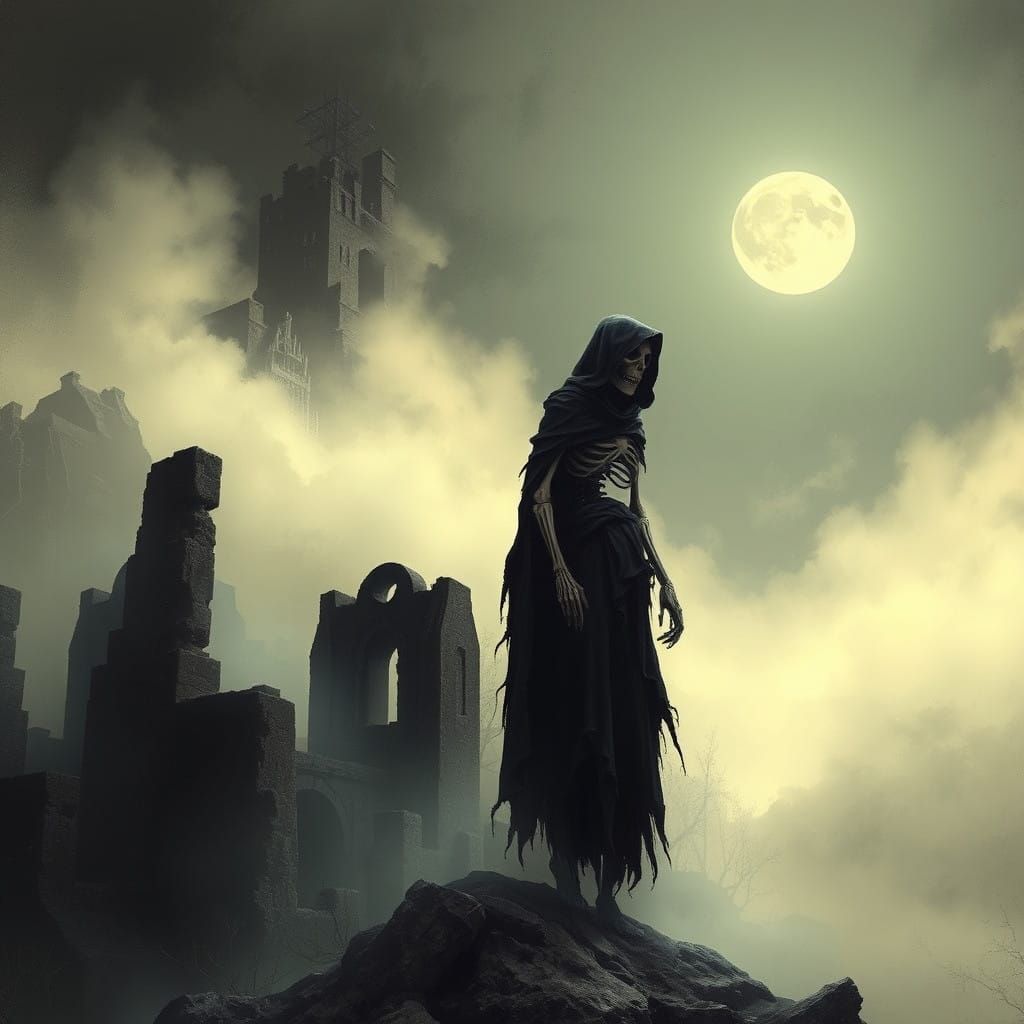 Mysterious Skeleton Standing on Ancient Ruin Under Full Moon
