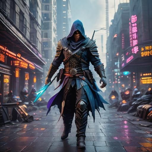 Cyberpunk Assassin in Neon Cityscape at Dusk