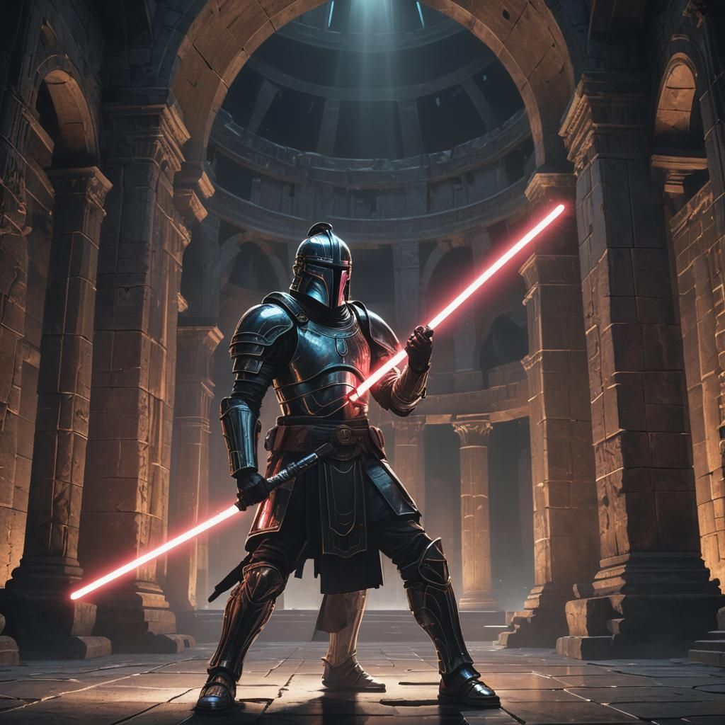 Futuristic Roman soldier, light saber, futuristic lightweigh...