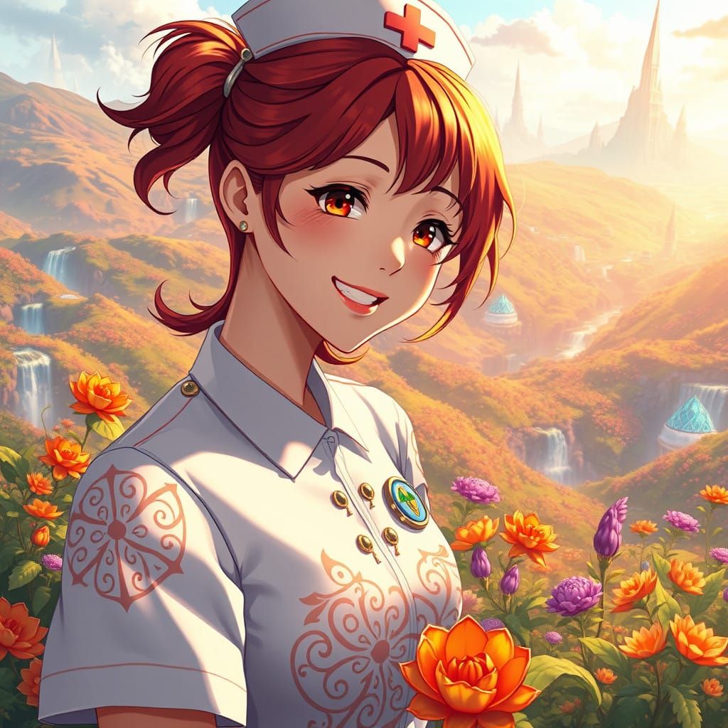 Anime Nurse with Vibrant Red Hair Tends to Enchanted Garden