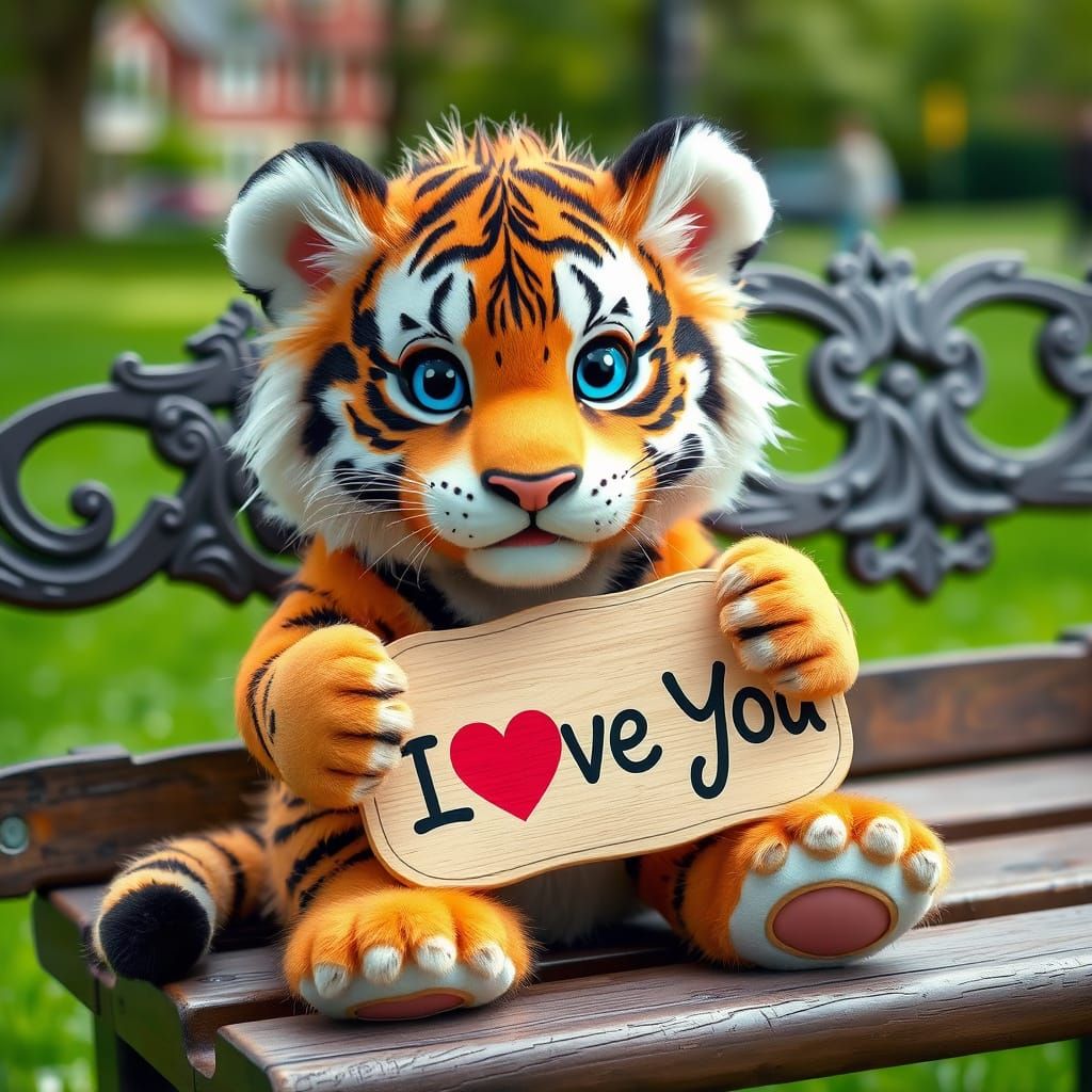 Whimsical Tiger in Love on a Park Bench