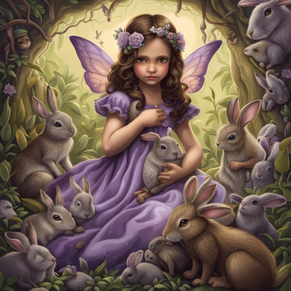 Fairy Jemililly Loveybug Cuddling Bunny: Fantasy Concept Art