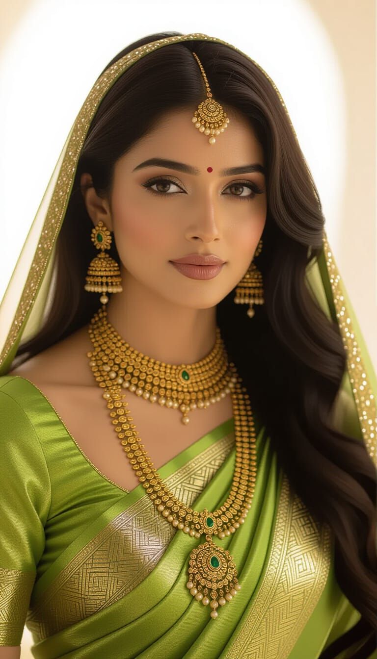 Indian Beauty in Gold Saree, Cinematic Portrait