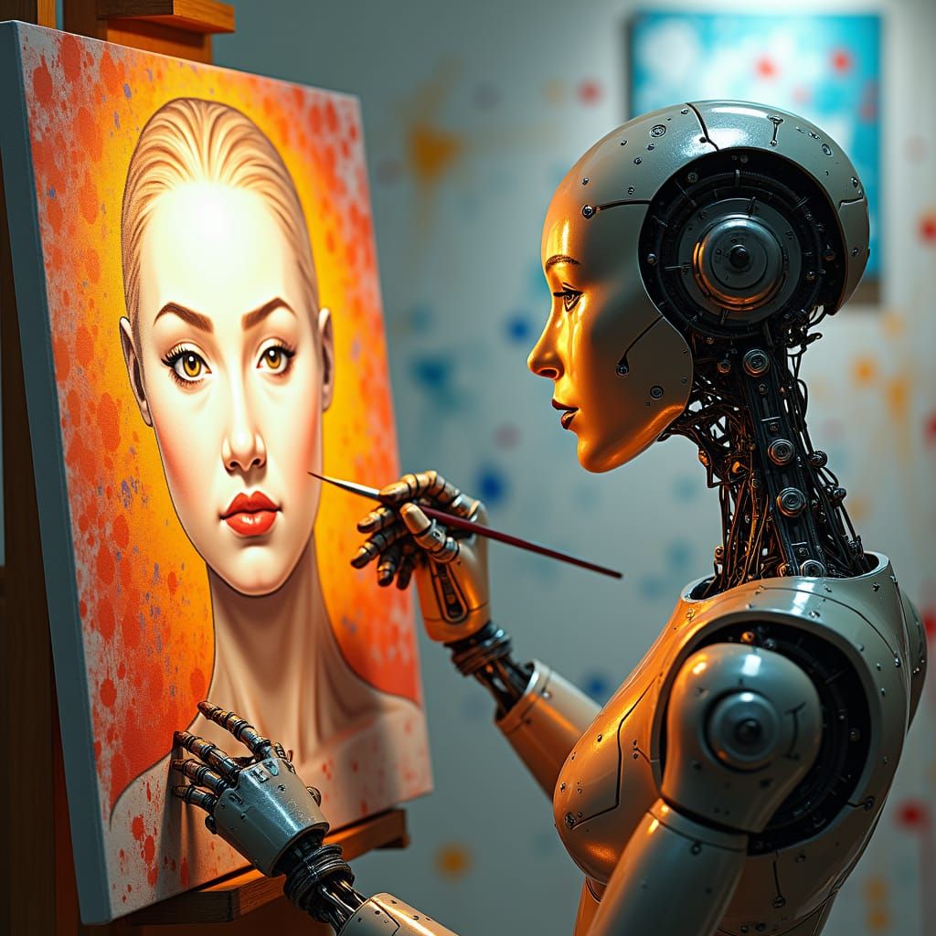 Robot Painter Creates Luminous Self-Portrait in Cyberpunk St...