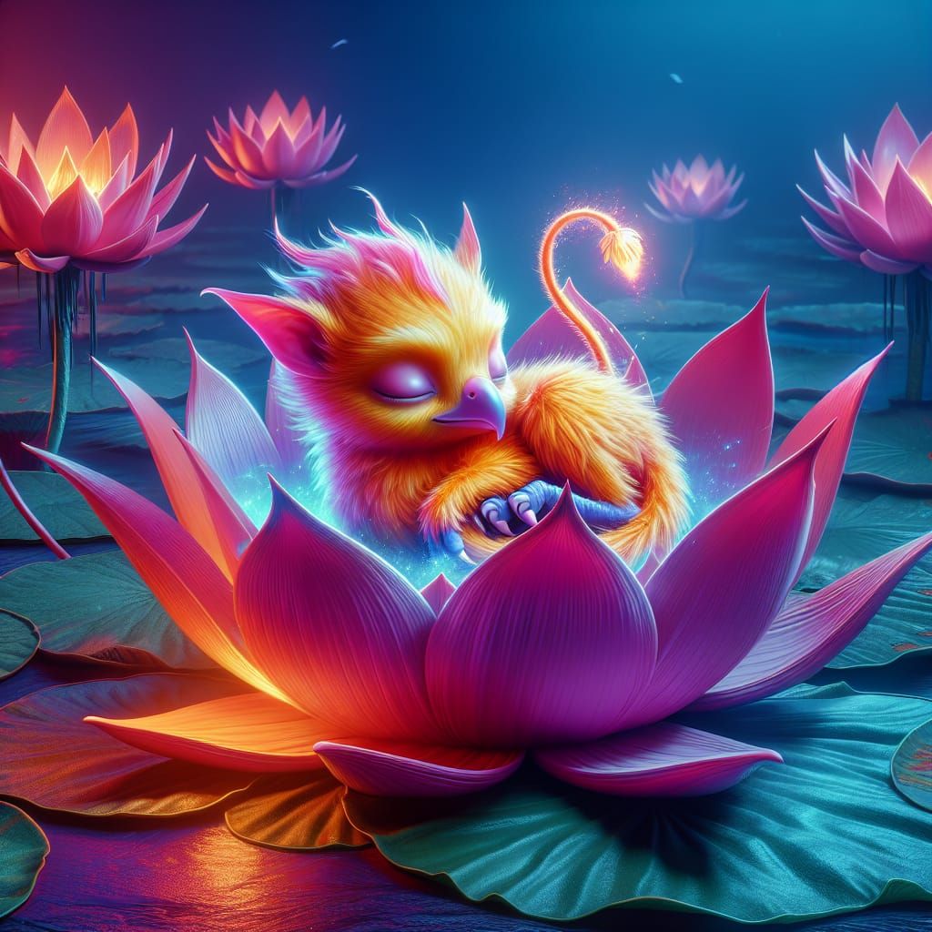 Neon Orange Griffin in Lotus, Matte Painting