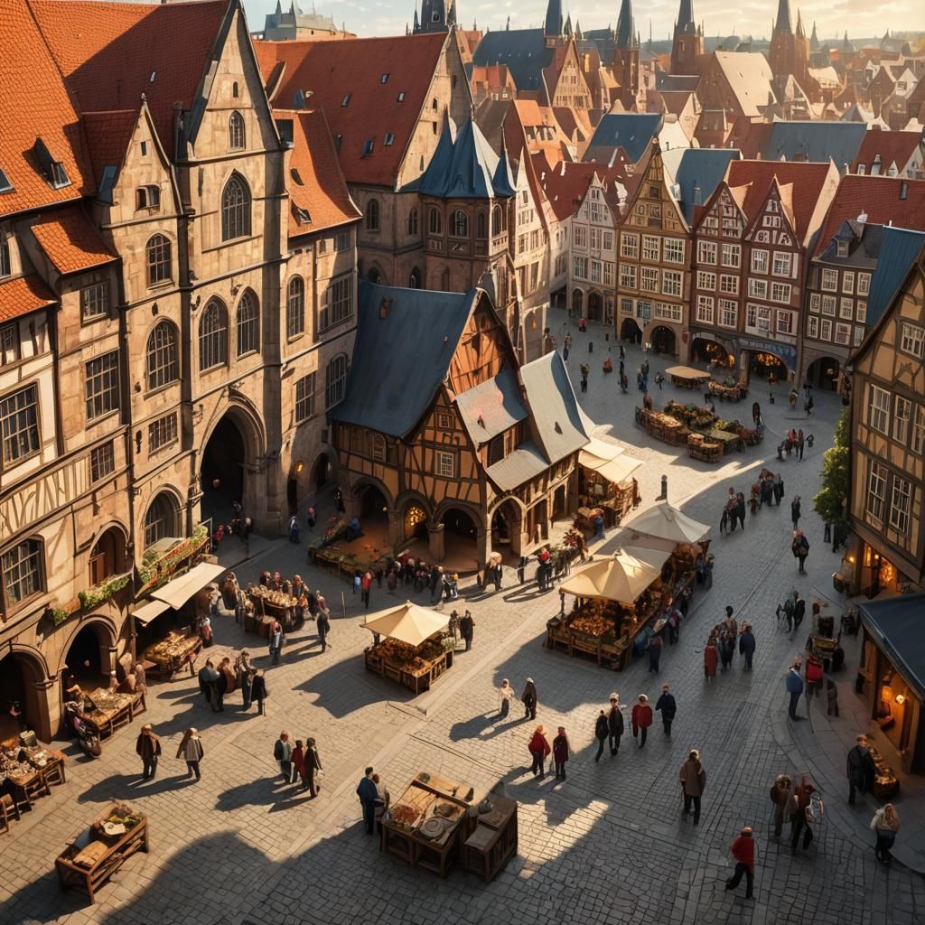 Bremen Market Square in the Middle Ages: Oil Painting