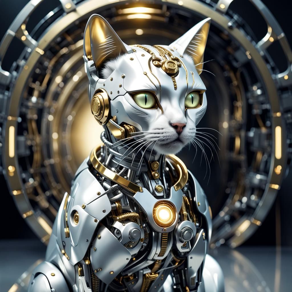 Luminescent Cyborg Cat Made of Precious Alloys