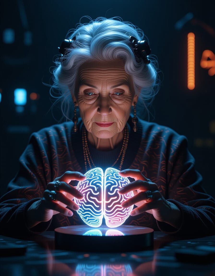 Elderly Technomancer Sculpting Energy Brain in Cyberpunk Roo...