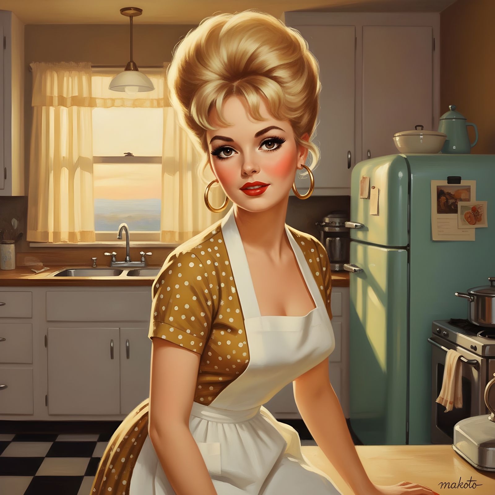 Vintage Pin-Up Girl in 1950s Kitchen Sunrise