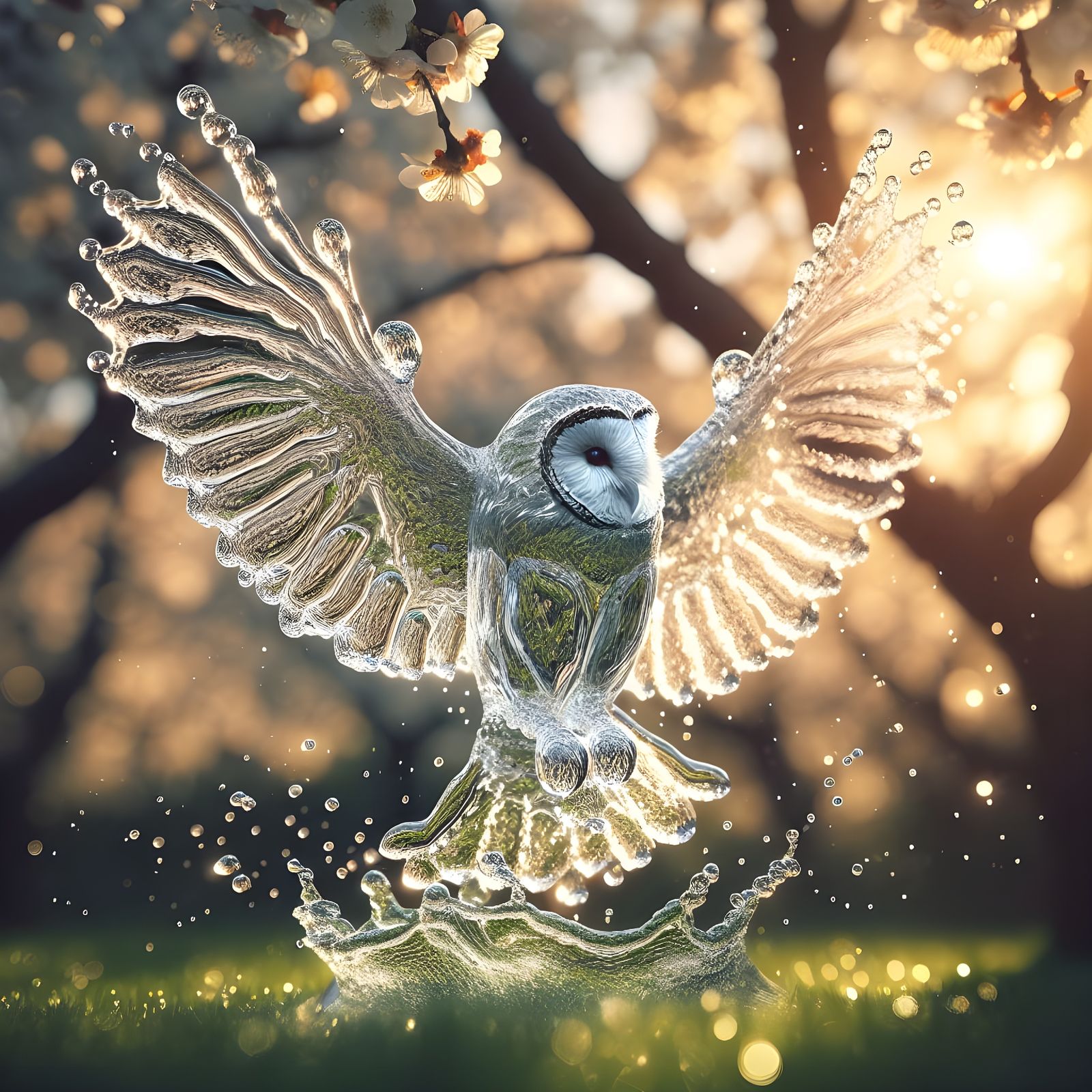 Water Owl in Flight: A Majestic, Shimmering Water Sculpture