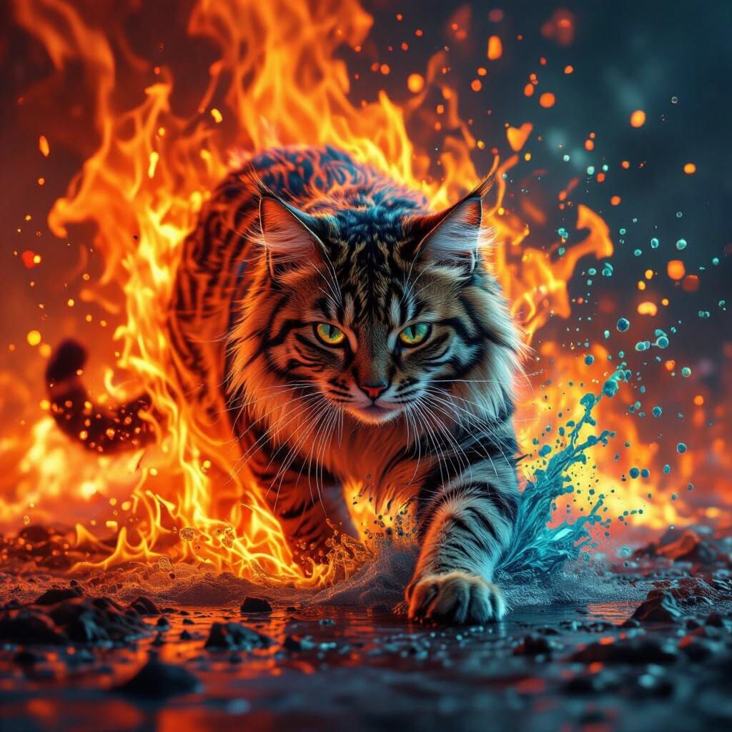 Cat Transforms into Tiger Amidst Fiery Blaze
