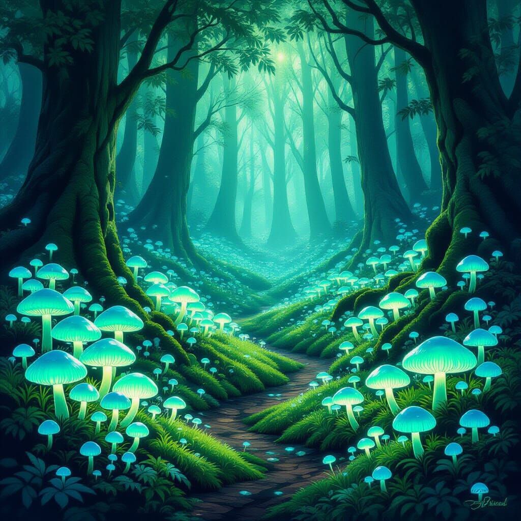 Bioluminescent Emerald Mushrooms in Mystical Forest
