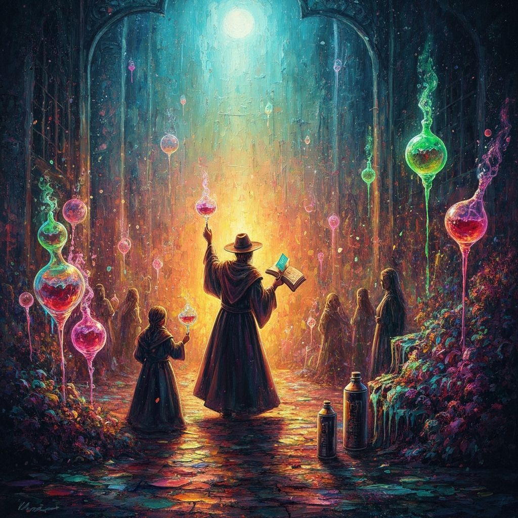 Wizards in Magic School with Glowing Potions