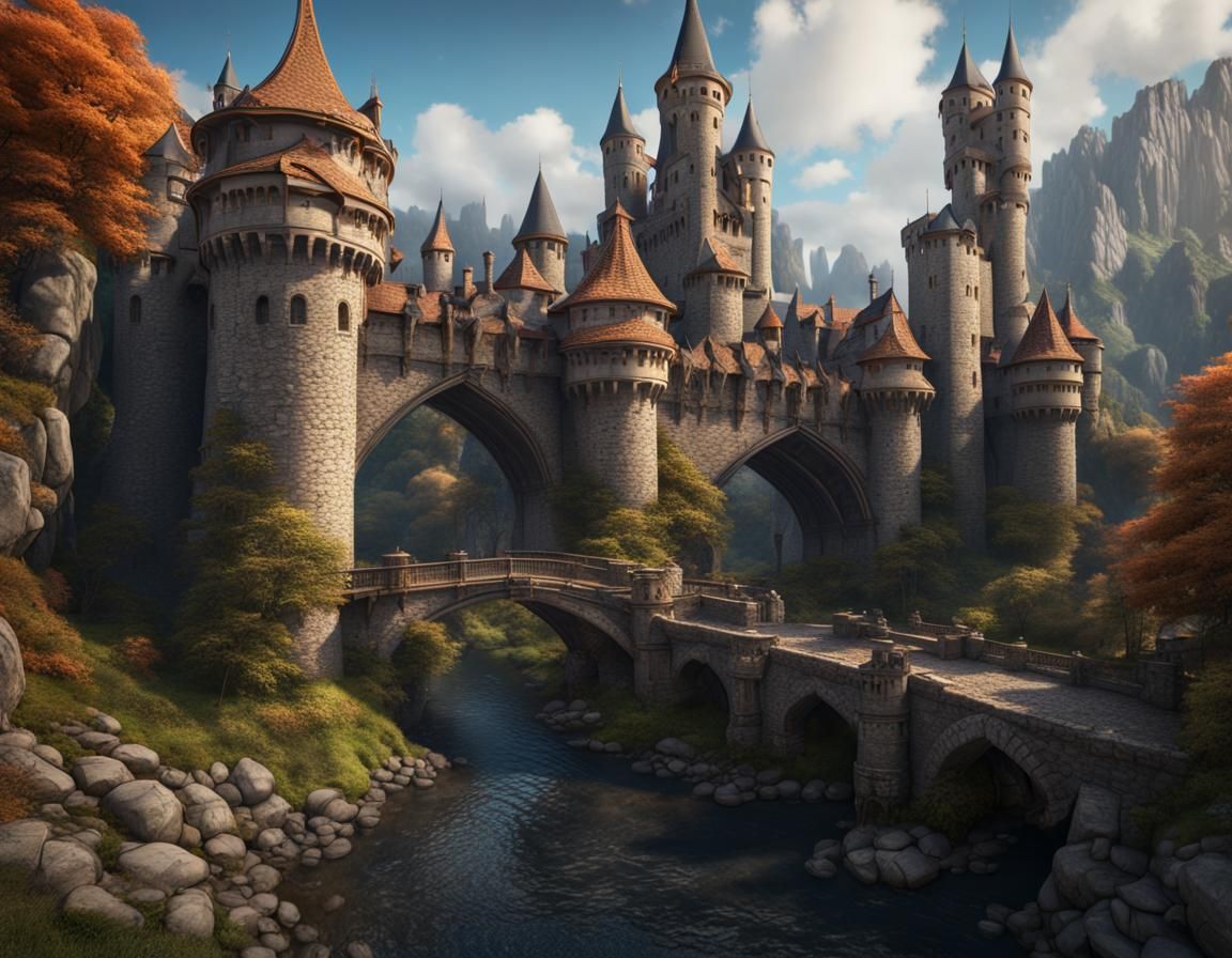 Detailed Medieval Castle with Stone Bridges