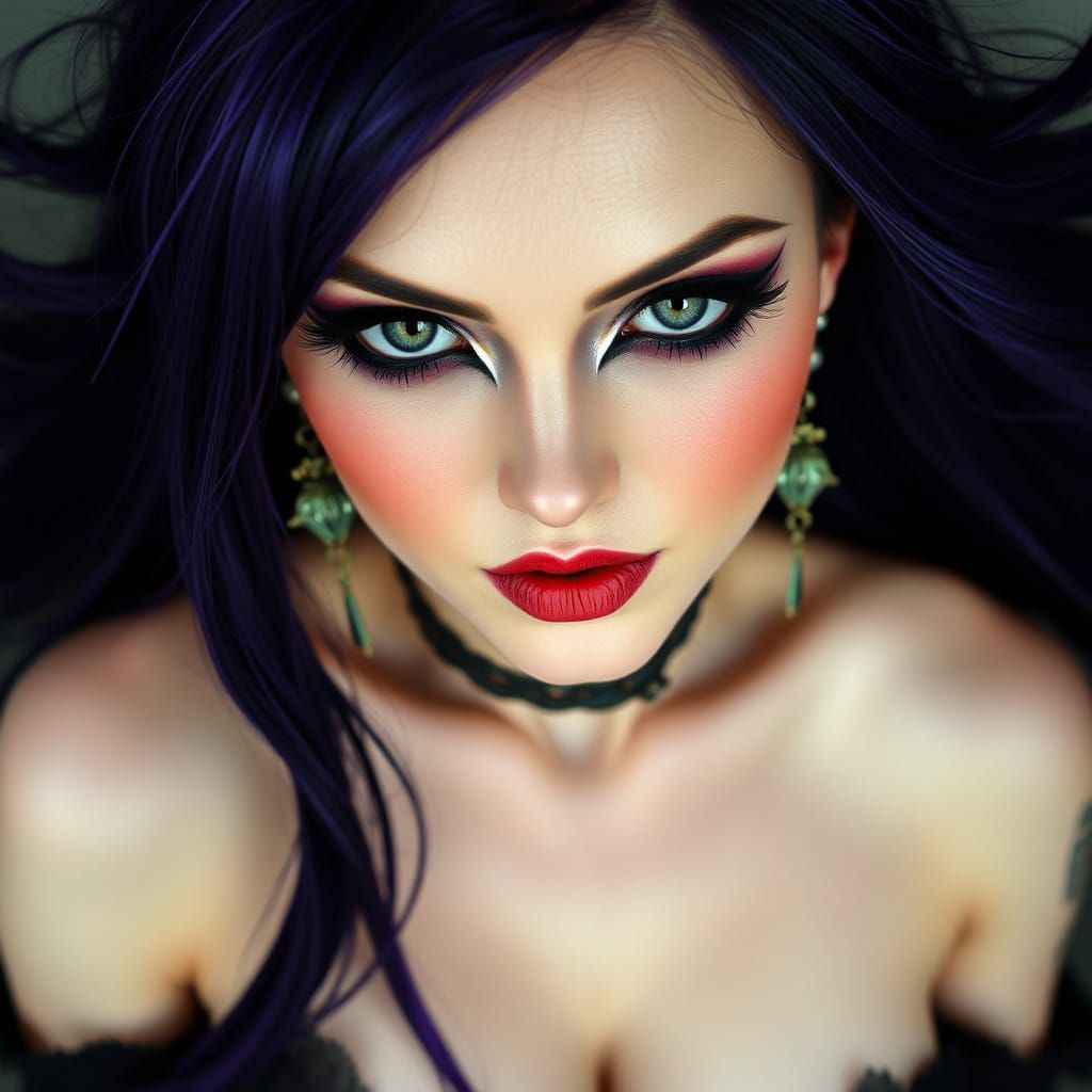 Gothic Beauty with Flowing Hair and Realistic Makeup