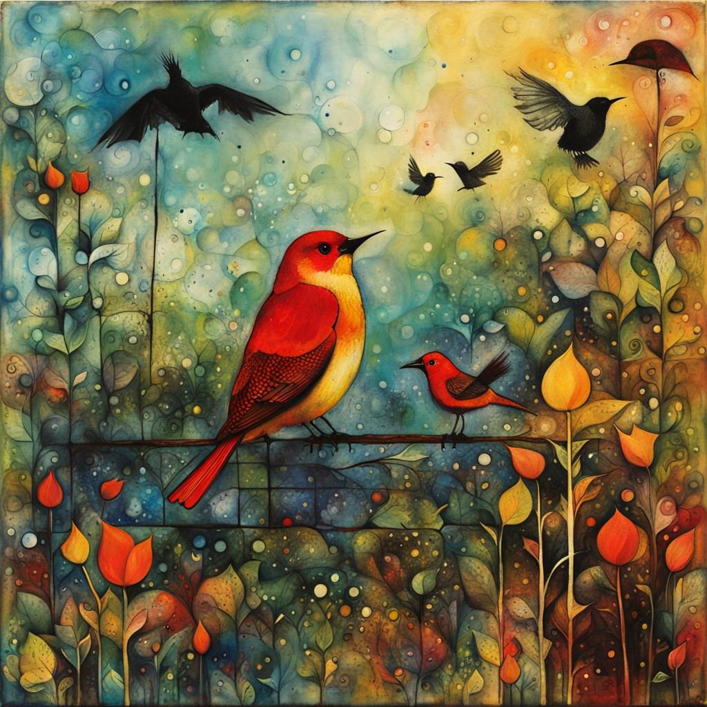 Celestial Nightbird in Linocut Style