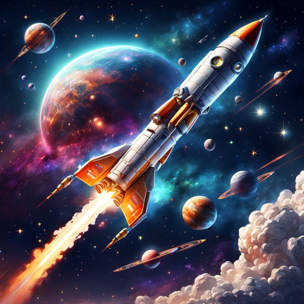 Rocket Launching into Starry Galaxy: Digital Painting