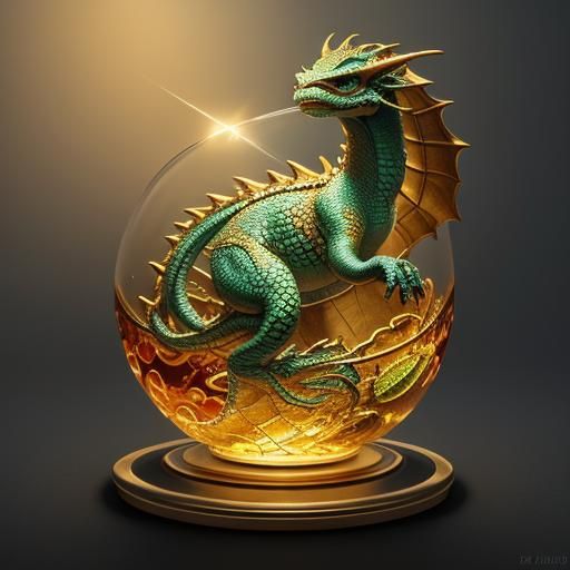 Baby Dragon in Jeweled Glass Box: 3D Digital Art