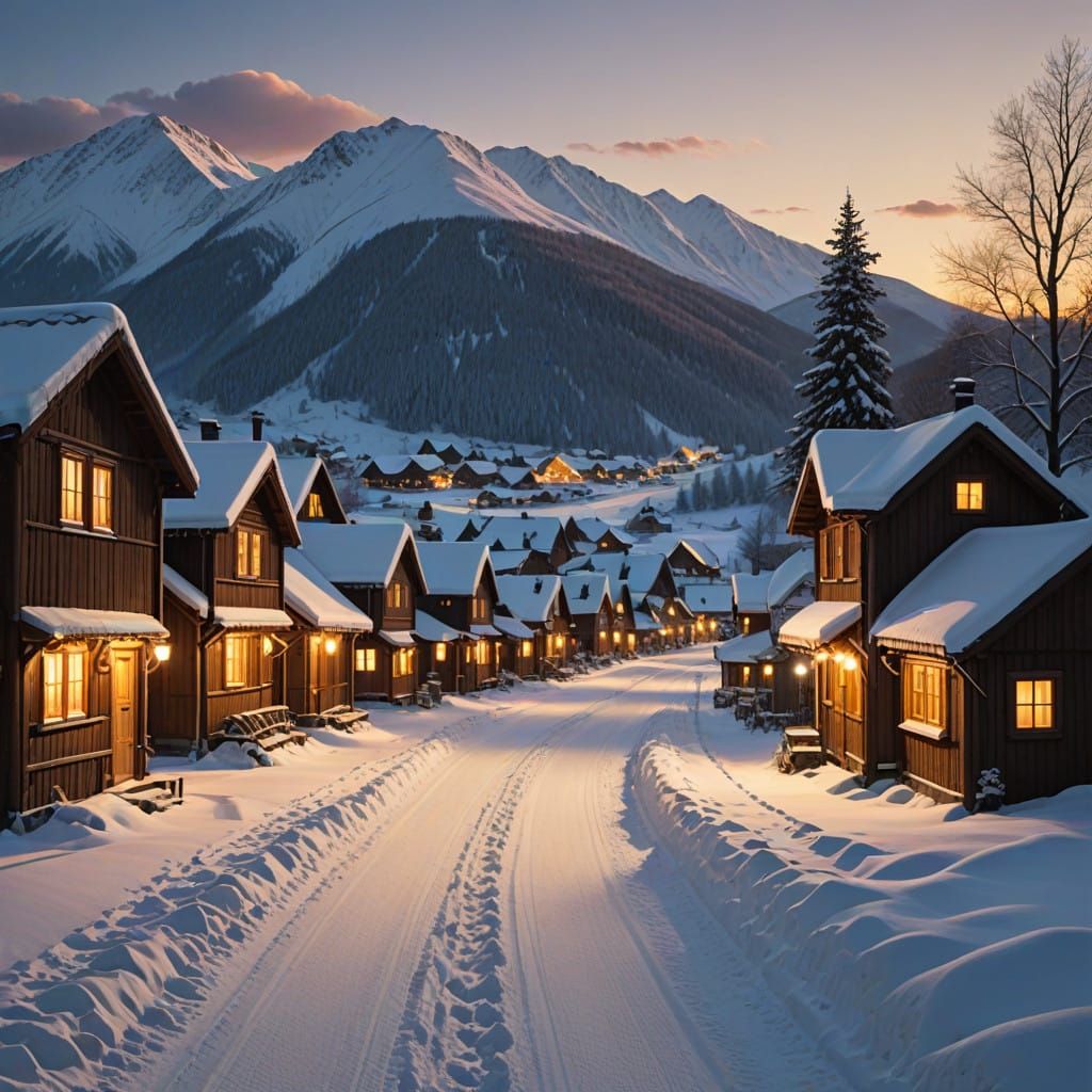 Rural Snowy Town at Dusk