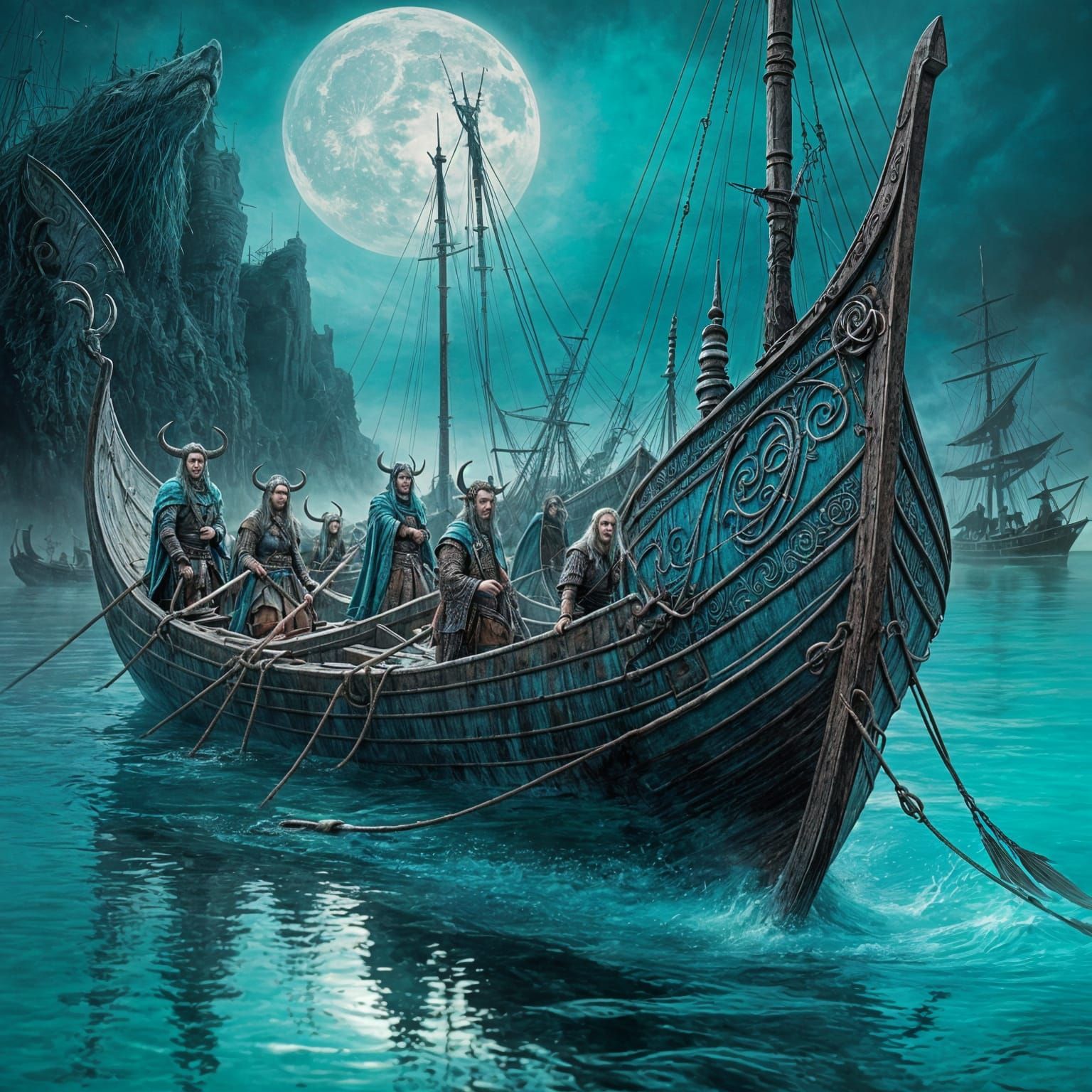 Vaporwave Viking Longboats Under Teal Moon