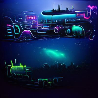 Neon Submarine in the Deep Sea: Digital Rendering