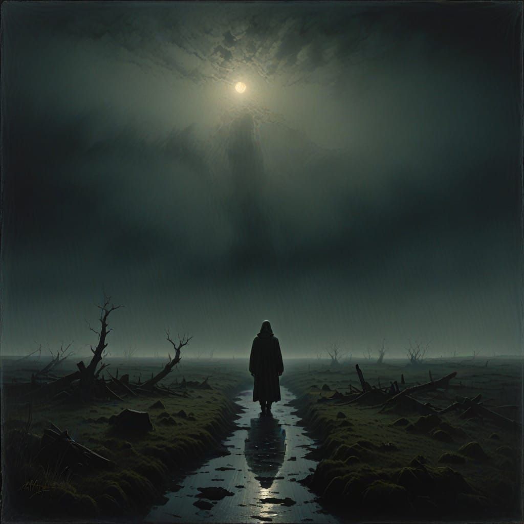 Ethereal Figure Emerging from Dark, Misty Landscape