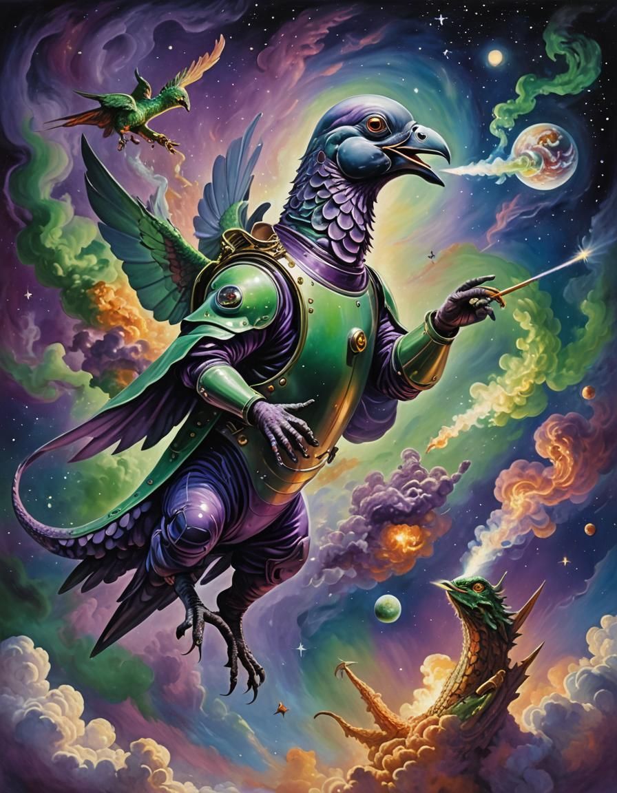 Pigeon Punches Dragon in Space: Surreal Oil Painting