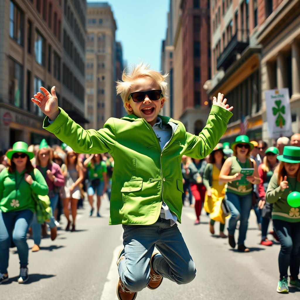 Cheerful Blond Boy Jumps in St. Patrick's Day Parade in Hype...