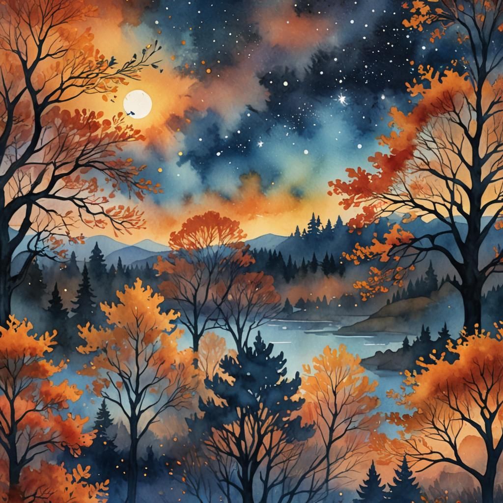 Vibrant Autumnal Sunset in Digital Watercolor