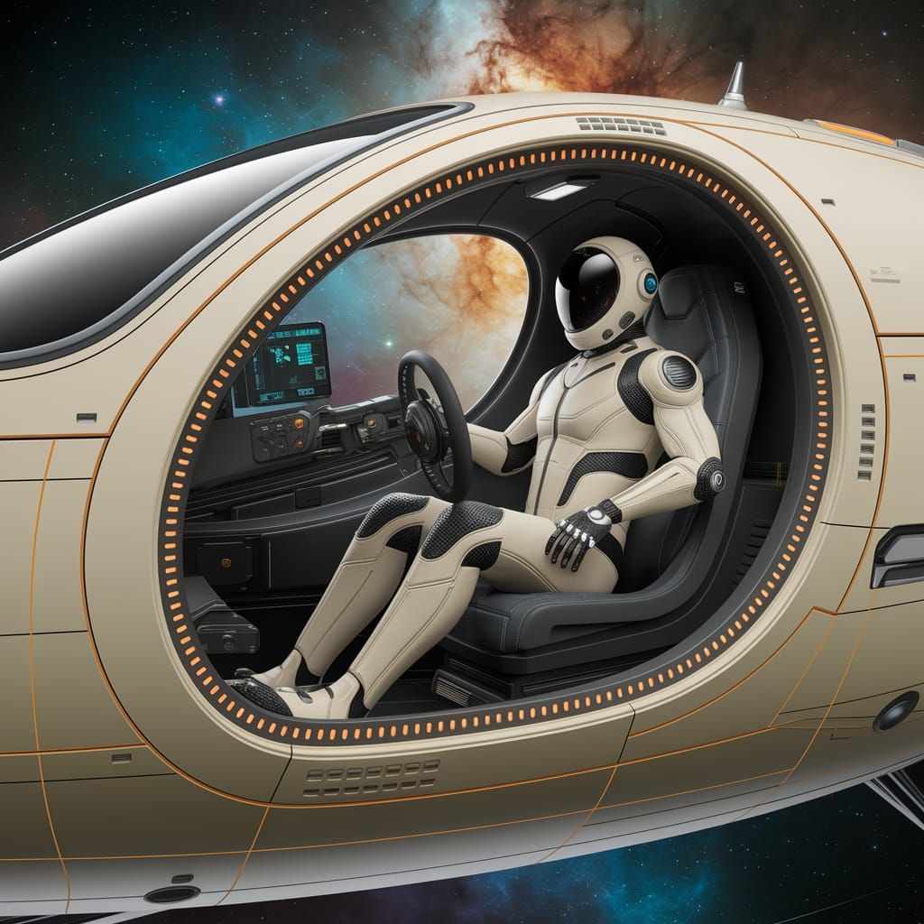 Futuristic Spaceship Interior with Cyberpunk Pilot