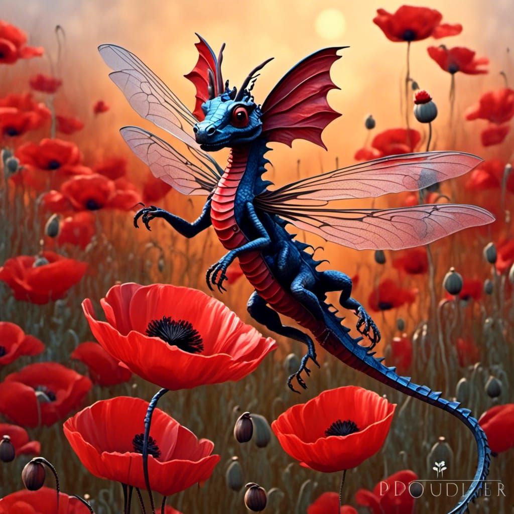 Red Fairy Dragon over Poppy Field, Macro Photography