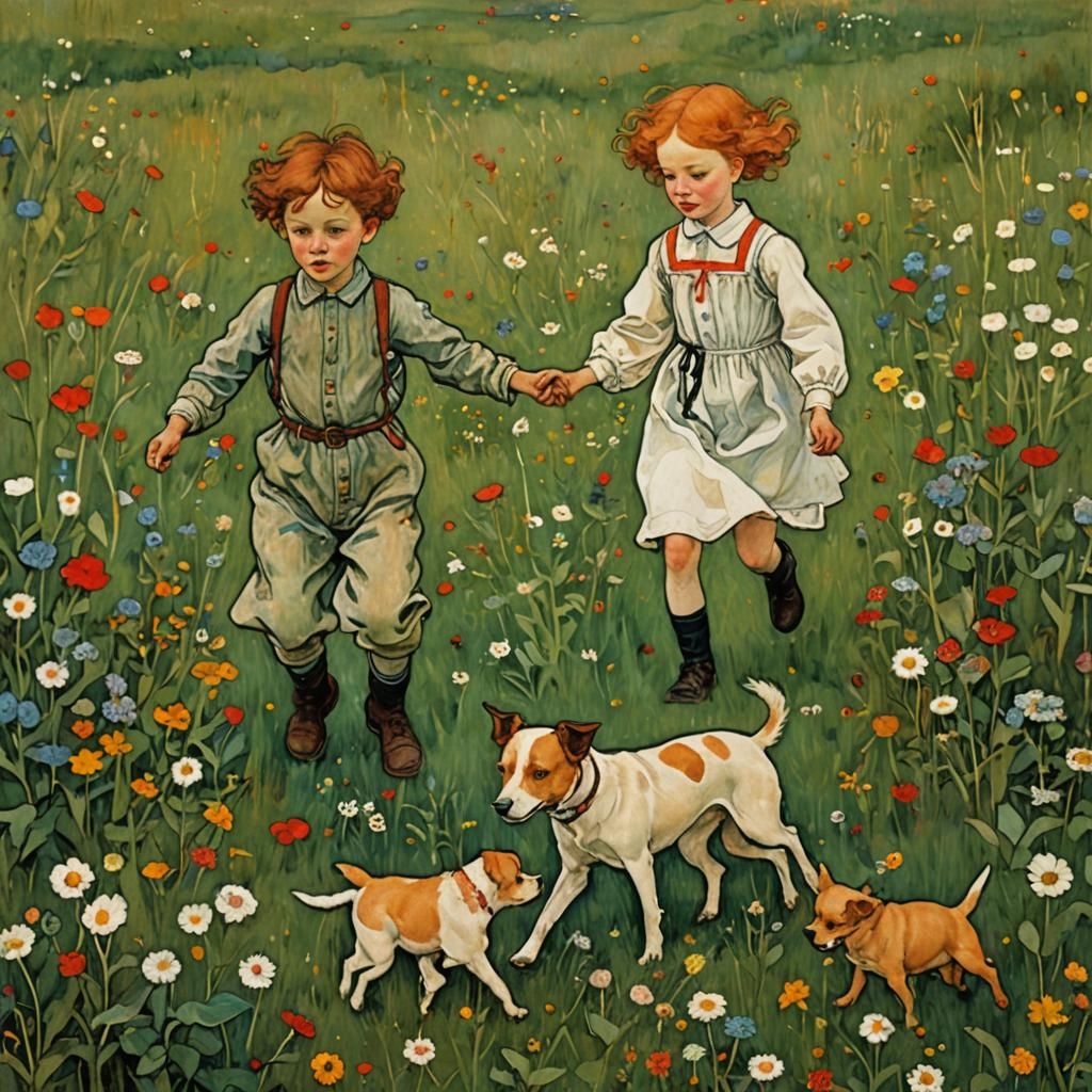Children Play in Meadow: Expressionist Style