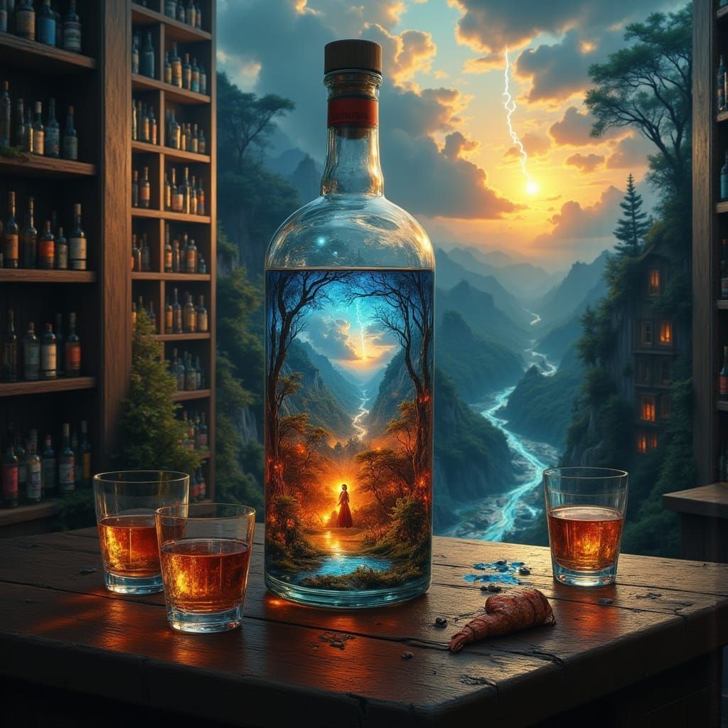 Whisky Bottle Garden Sunset Illusion