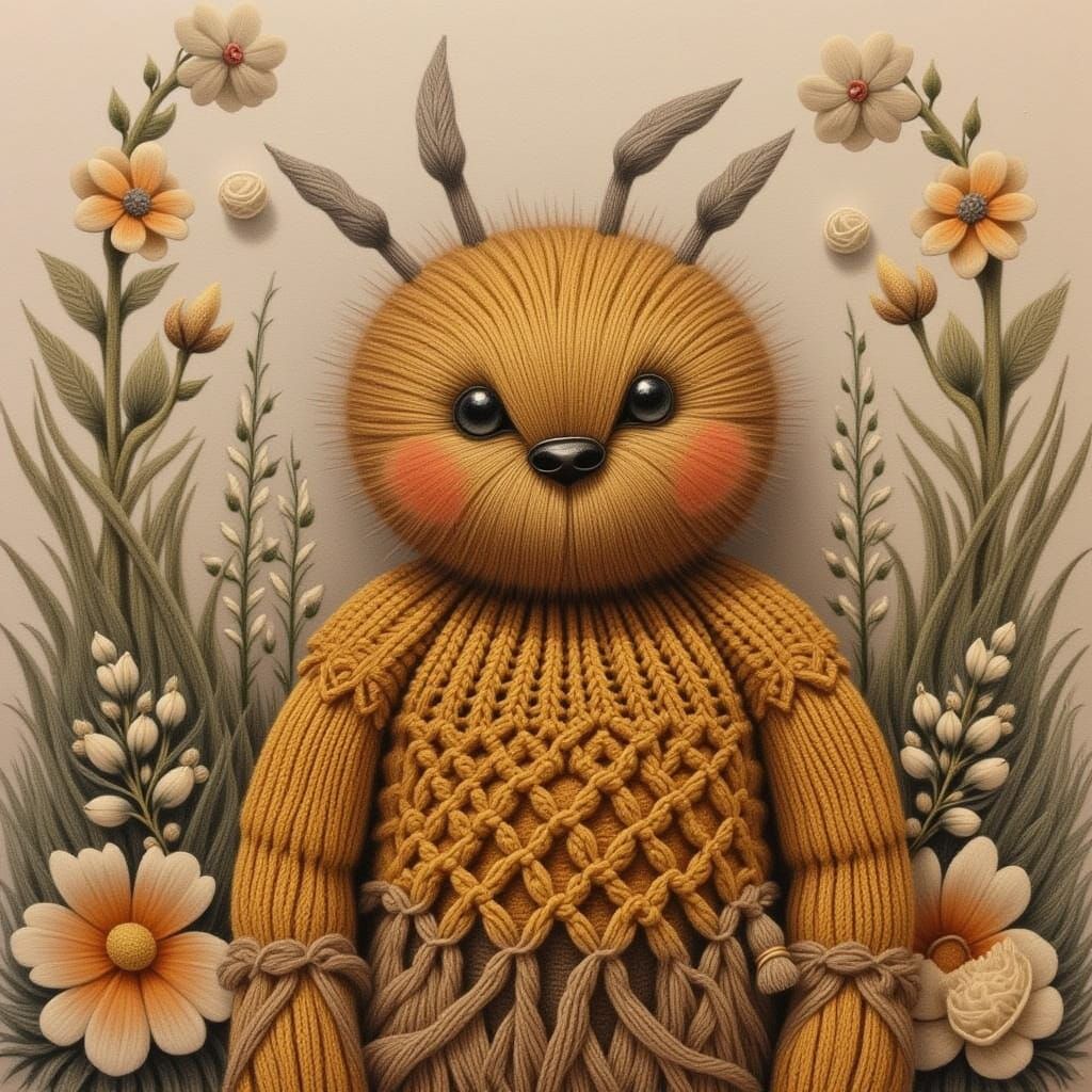 Bee in Honeycomb Sweater, Whimsical Floral Setting