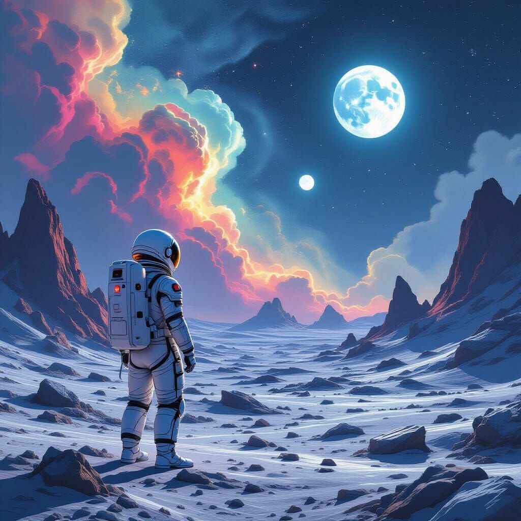 Astronaut Gazes at Nebulae on Alien World in Moebius Style