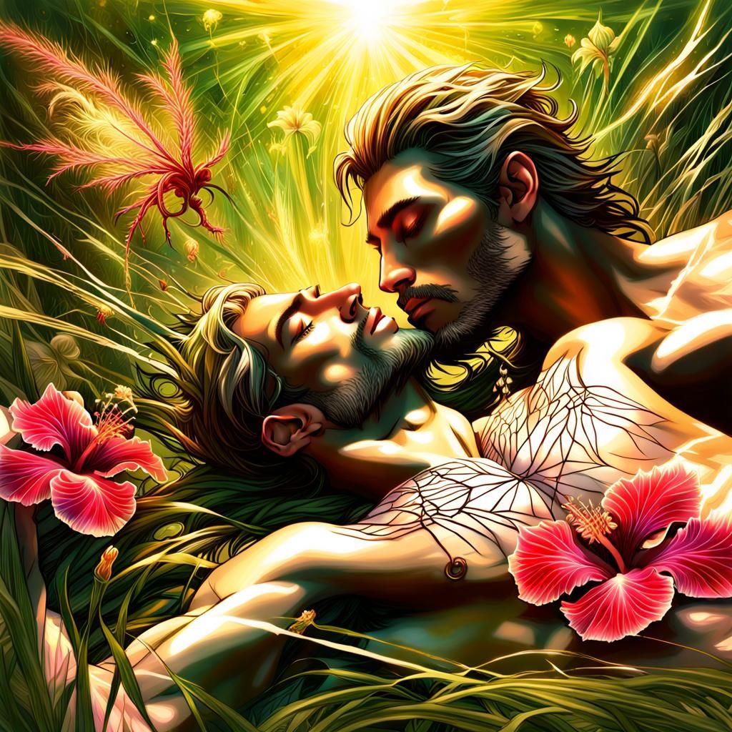 Elven Nymph and Man Kissing in Light Ray Meadow
