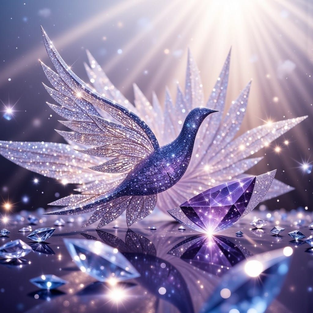 Iridescent Glass Birds in Kaleidoscopic Fractal Art