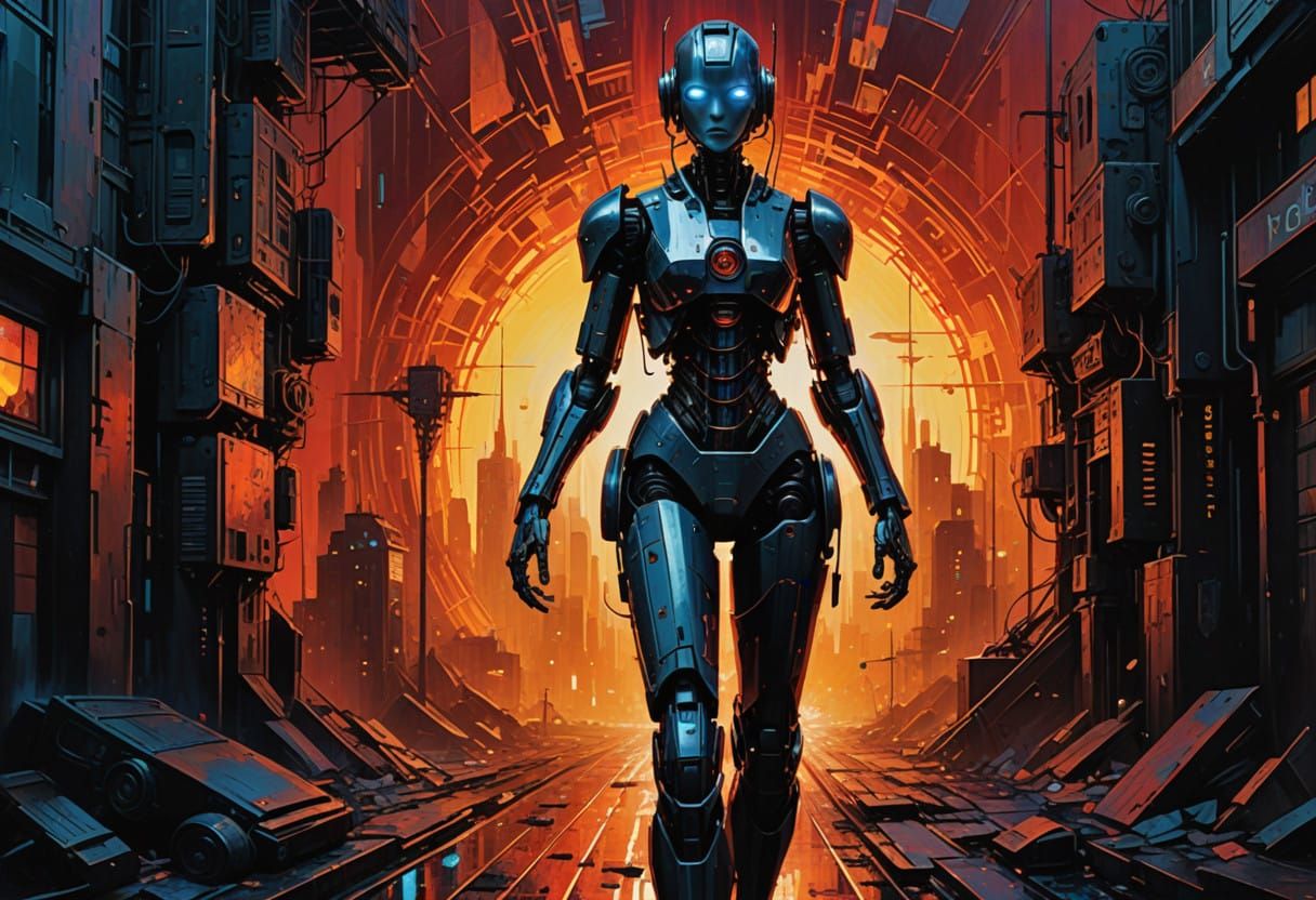 Cyberpunk Android Goddess in a Dark City Aesthetic