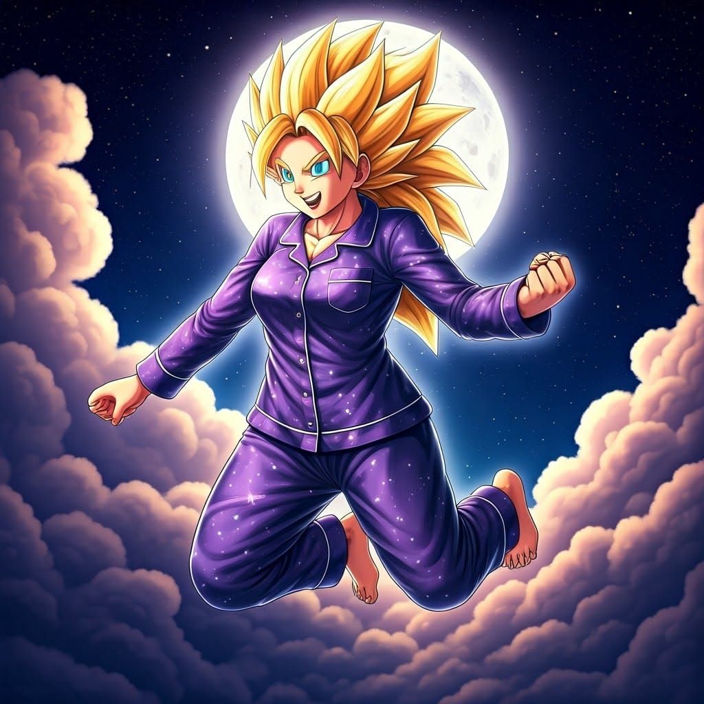 Joyful Super Saiyan Warrior Leaping from Clouds