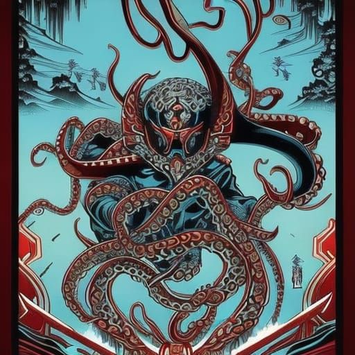 Samurai Octopus in Hokusai Comic Book Art Style