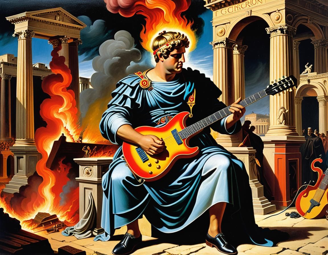 Nero's Fiery Serenade: An Epic Surrealist Oil Painting