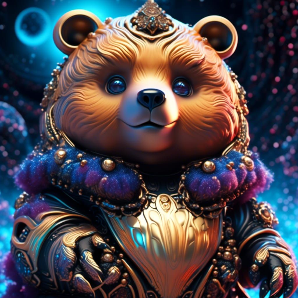 Chibi Obese Bear Witch in Detailed Alien Landscape