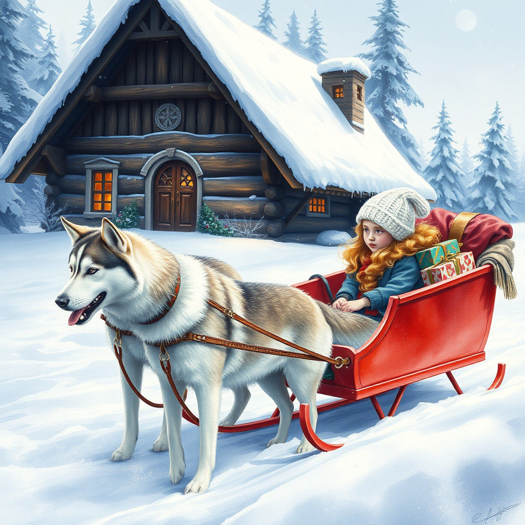 Winter Scene: Huskies Pulling Sleigh in Watercolor Style