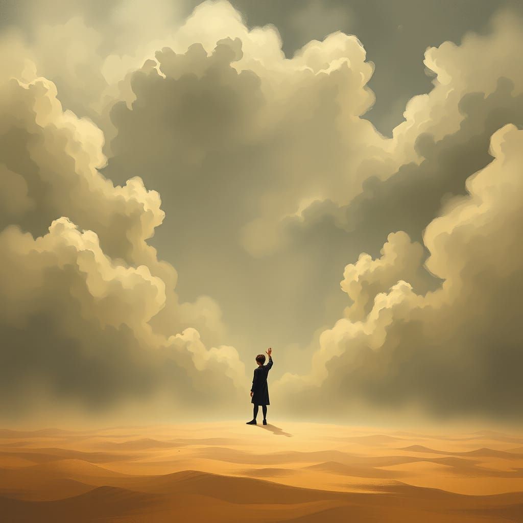 Surreal Figure Stands in Dreamy Atmosphere, Reaching Out wit...