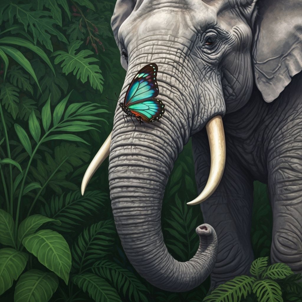 Butterfly Lands on Elephant Trunk in Lush Jungle